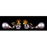 A Pair of 9ct Gold Pearl and Diamond Earrings, for non-pierced ears, set with a solitaire