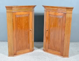 A Pair of Victorian Walnut Hanging Corner Cupboards, with moulded cornices, fitted shelves