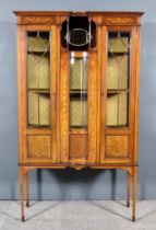 An Edwardian Mahogany and Inlaid Display Cabinet, with moulded edge to top, frieze inlaid with