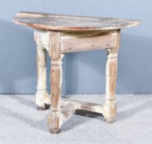 A 19th Century Pitch Pine Semi-Circular Side Table, on three turned legs and plain stretchers, 39ins