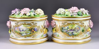 A Pair of Lynton Porcelain Demi-Lune Bough Pots and Covers, by Stefan Nowacki, the lids encrusted