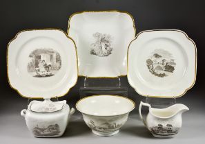 A Collection of Bat-Printed Porcelain, Early 1800, various patterns, some with gilt borders,