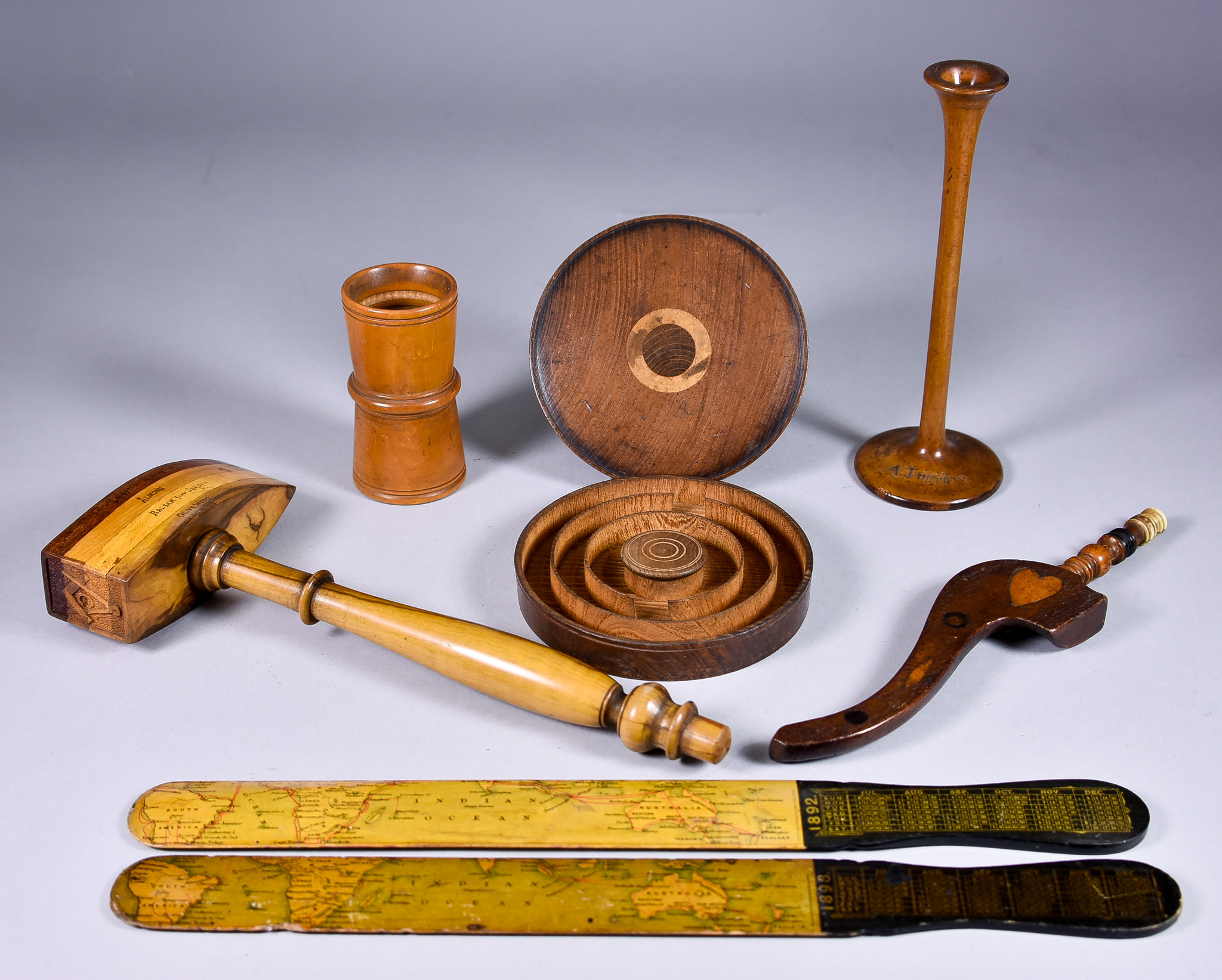 A Small Collection of Treen, including - knitting sheath of goosewing form with turned handle,