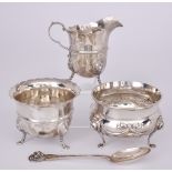 An Edward VII Silver Cream Jug and Sugar Bowl, One Other Bowl and a Spoon, the cream jug and sugar