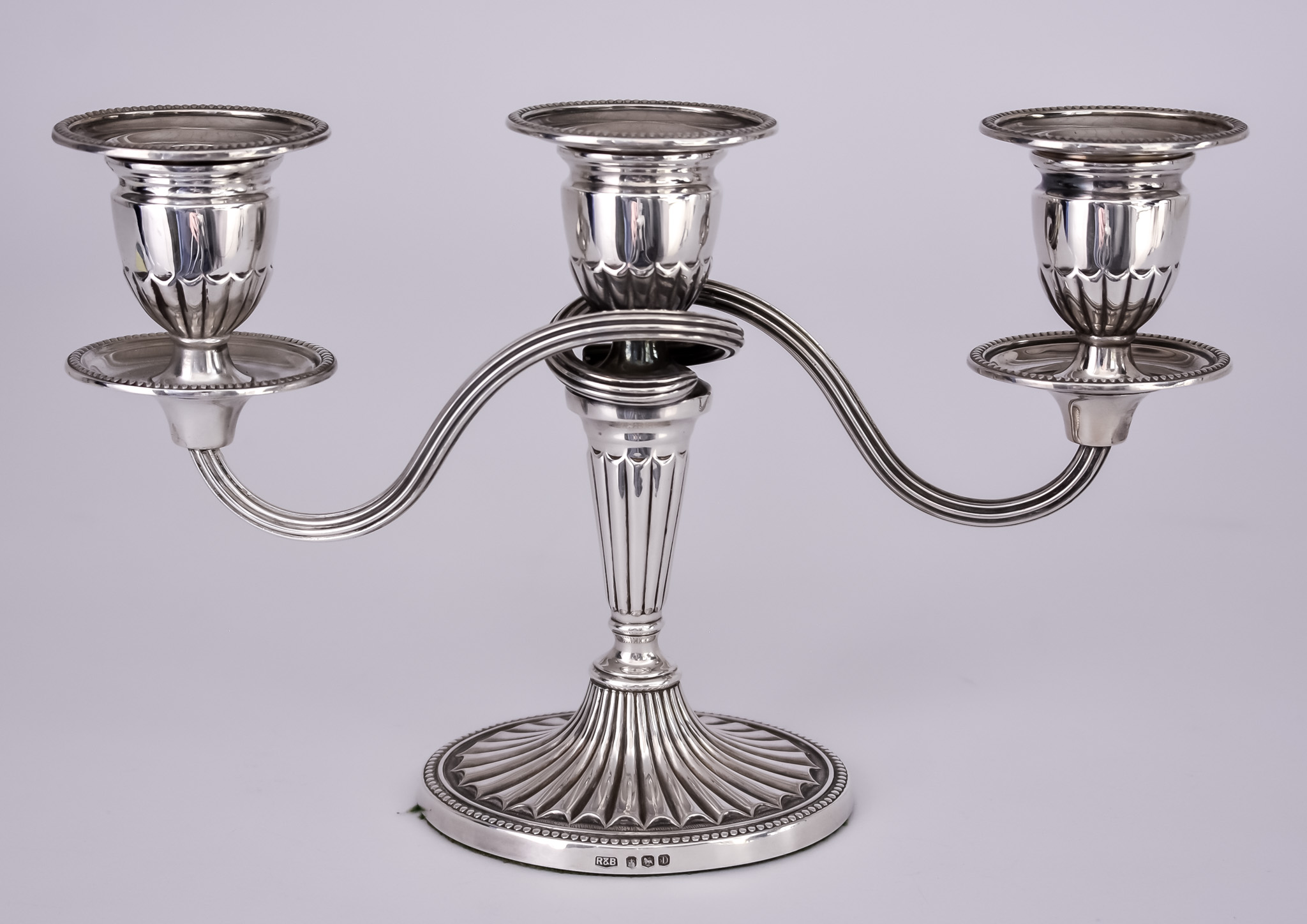 An Elizabeth II Silver Three-Light Candelabra of Neo Classical Design, by Roberts & Belks, Sheffield