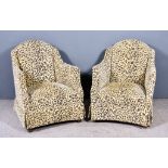 A Pair of Easy Chairs, upholstered in leopard print fabric, on square front legs First chair - the