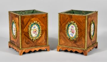 A Pair of French Gilt Metal Mounted Planters, 19th Century, with Sevres style plaques and with