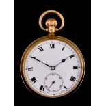 A Keyless Open Faced Pocket Watch, 9ct gold case, 50mm diameter, white enamelled dial with black