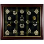 A Framed Collection of Scottish Regimental Cap Badges, on tartan background Note: Photographic