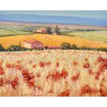 *** Bruno Tinucci (Born 1947) - Oil Painting - Tuscan summer landscape with poppies, signed with