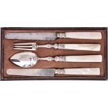 A 19th Century French Silver and Mother of Pearl Handled Four-Piece Christening Set with leaf and