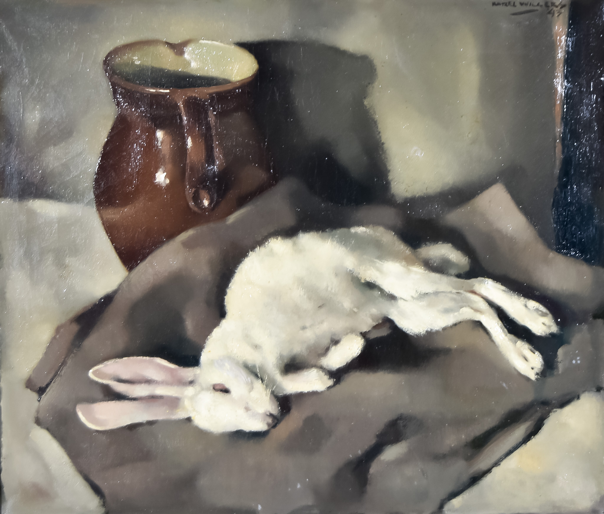 Karel Hendrik Wiggers (1916-1989) - Oil painting - Still life with rabbit and pottery jug, signed