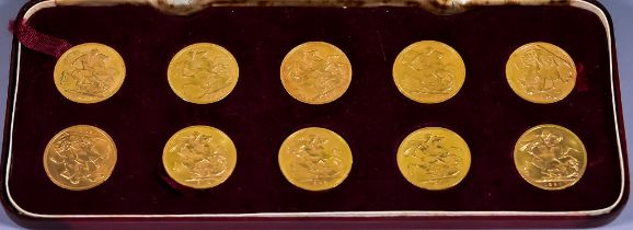 Six Edward VII Sovereigns, 1902, 1906, 1907, 1907, 1908, 1910, and four George V sovereigns, 1913,