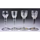 Four 18th Century Cordial Glasses, comprising - bell bowl with diamond cut stem on plain foot, 5.