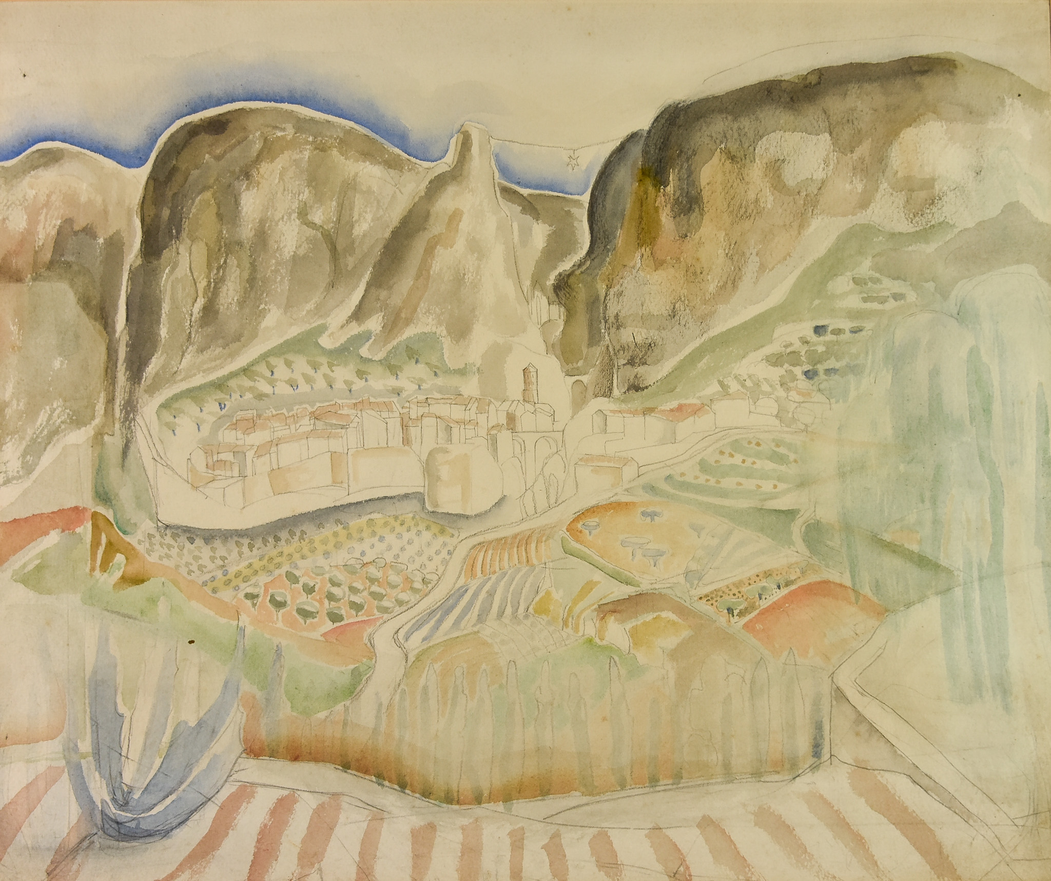 20th Century School - Pencil and watercolour - Abstract landscape, 14ins x 16ins, framed and