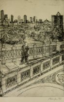 Simon Redington (Born 1958) - Etching - Cityscape with figures on the bridge, 11.75ins x 7.75ins,