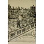 Simon Redington (Born 1958) - Etching - Cityscape with figures on the bridge, 11.75ins x 7.75ins,