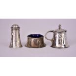 A George V Silver Arts and Crafts Three-Piece Condiment Set, by A.E. Jones, Birmingham 1912, of