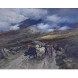 John Wright Barker (1864-1941) - Oil painting - Highland scene, with a herd of Highland cattle being