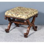 A Victorian Rosewood Stool, the seat upholstered in floral pattern cloth, on x-pattern end