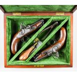 A Cased Pair of Flintlock Greatcoat Pistols, by Leech of Colchester, blue steel octagonal barrels,