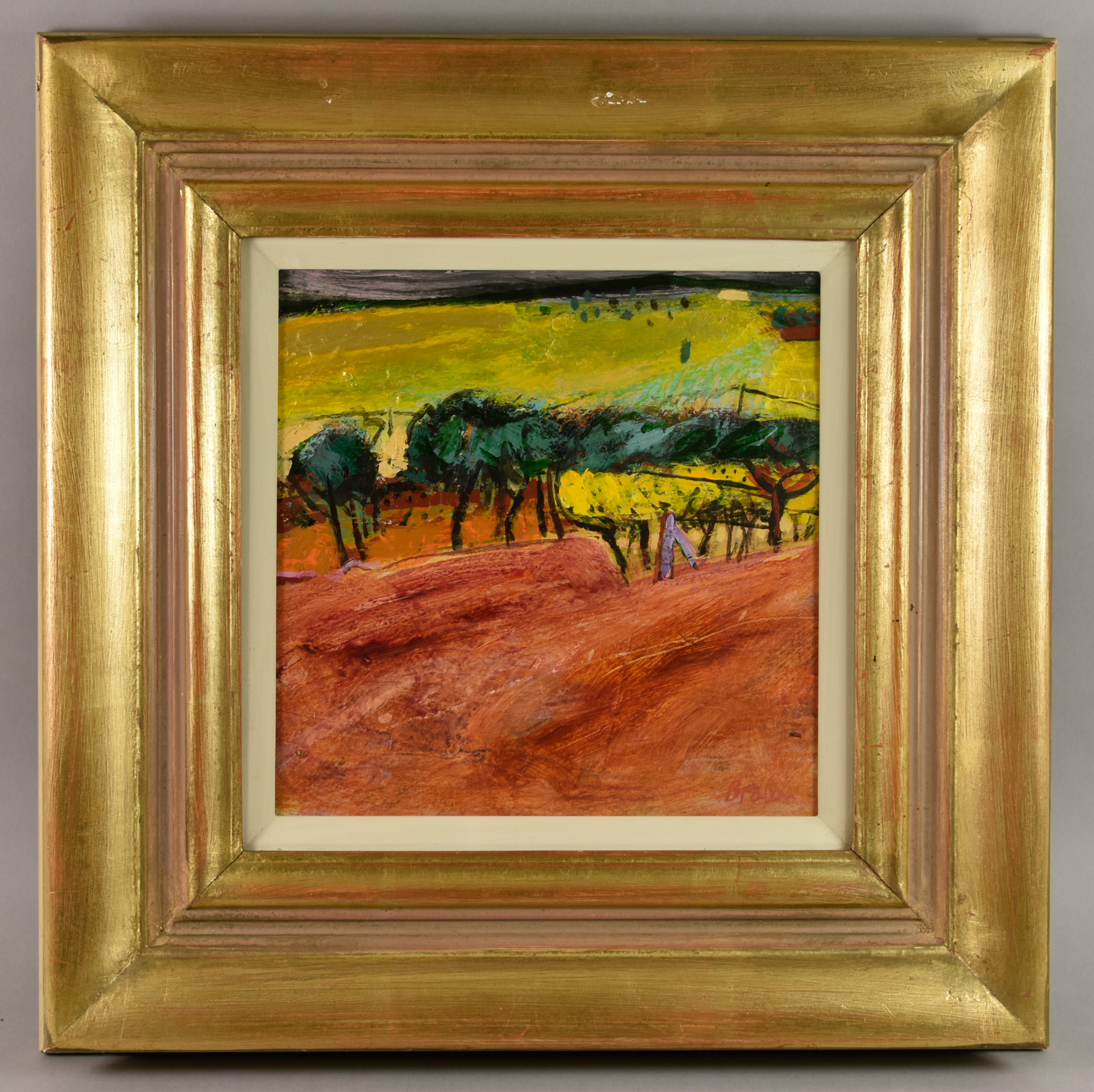 ***John Brown (Born 1945) - Mixed Media – “Grape Vines and Olive Trees”, signed, board 10ins square, - Image 2 of 3