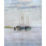 20th Century Danish School - Oil painting - Fishing vessels moored on the coast, indistinctly signed
