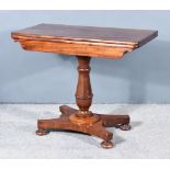 A George III Figured Mahogany Tea Table, with square edge to top, plain frieze, flanked by scroll