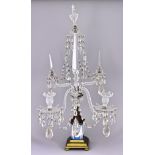 A Gilt Bronze Blue Jasperware and Cut Glass Two-Light Candelabrum, 19th Century, in the manner of