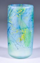 Peter Layton (Born 1937) - Frosted blue-green cylinder vase with dark blue stringings and yellow