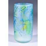 Peter Layton (Born 1937) - Frosted blue-green cylinder vase with dark blue stringings and yellow