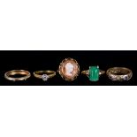 Five 9ct Gold Gem Set Rings, comprising - wedding band, set with four small white stones, size N,