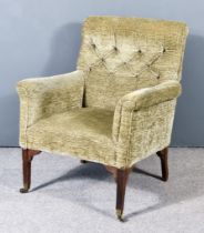 A George III Scroll Back Easy Chair, upholstered in sage de la cuona fabric, the back buttoned, on