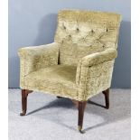 A George III Scroll Back Easy Chair, upholstered in sage de la cuona fabric, the back buttoned, on