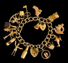 A 9ct Gold Charm Bracelet with Padlock Clasp, suspended with sixteen charms, total gross weight 61.