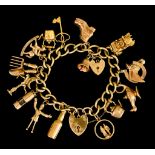 A 9ct Gold Charm Bracelet with Padlock Clasp, suspended with sixteen charms, total gross weight 61.