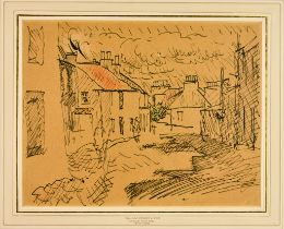 George Leslie Hunter (1877-1931) - Ink and coloured crayon – “Village Street, Fife”, 7ins x 8ins, in