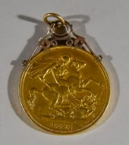 A Victoria Double Sovereign, 1893, mounted, gross weight 16.9g
