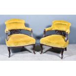 A Pair of Victorian Tub Shaped Armchairs, each with leaf and shell carved fretted splats, the back