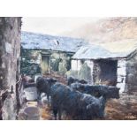 ARR Keith Bowen (Born 1950) - Oil painting - "Farmyard with Welsh Blacks", signed, panel, 14.75ins x