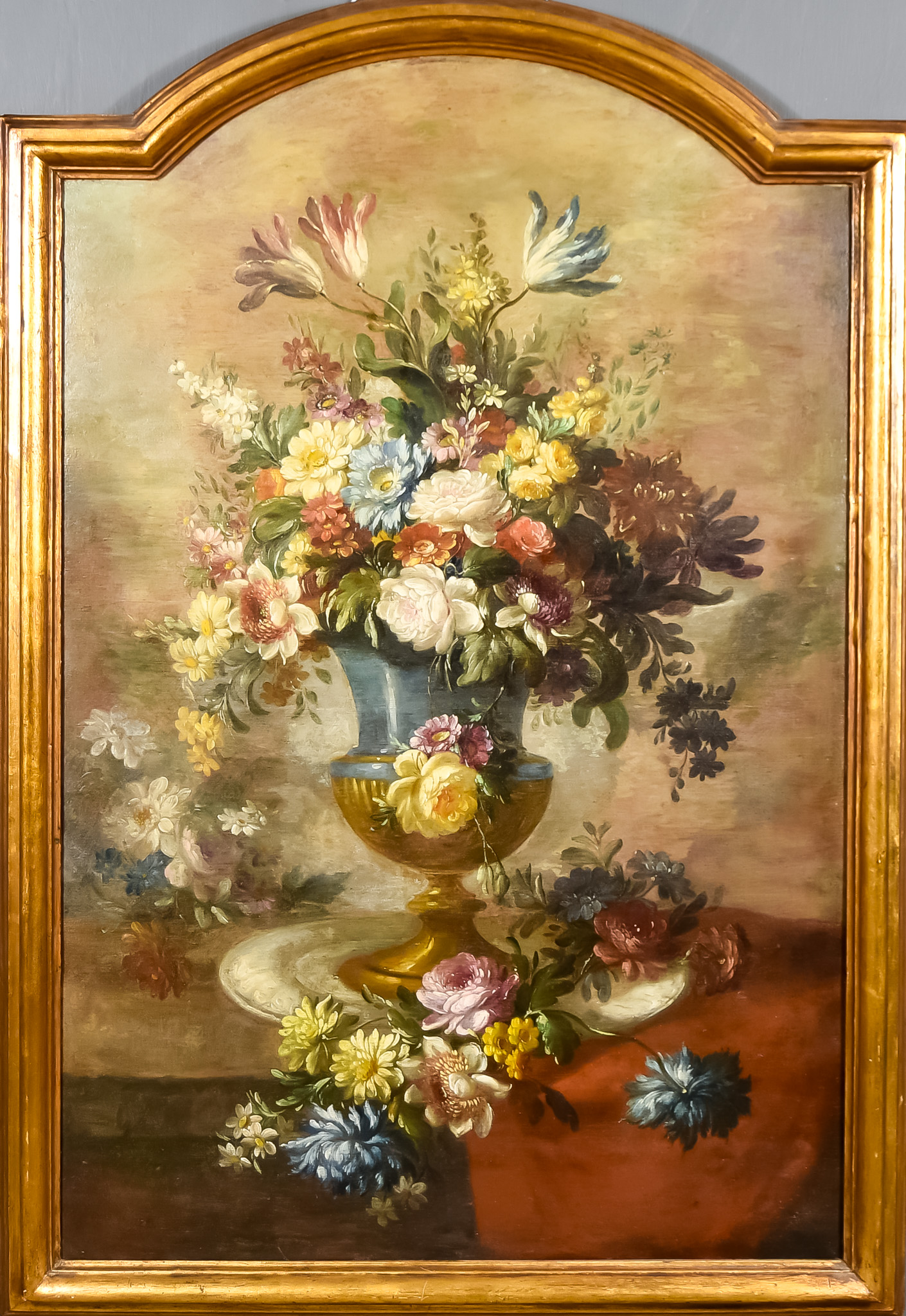 19th Century School - Oil painting - Still life with an urn of mixed flowers, relined arched-top