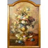 19th Century School - Oil painting - Still life with an urn of mixed flowers, relined arched-top