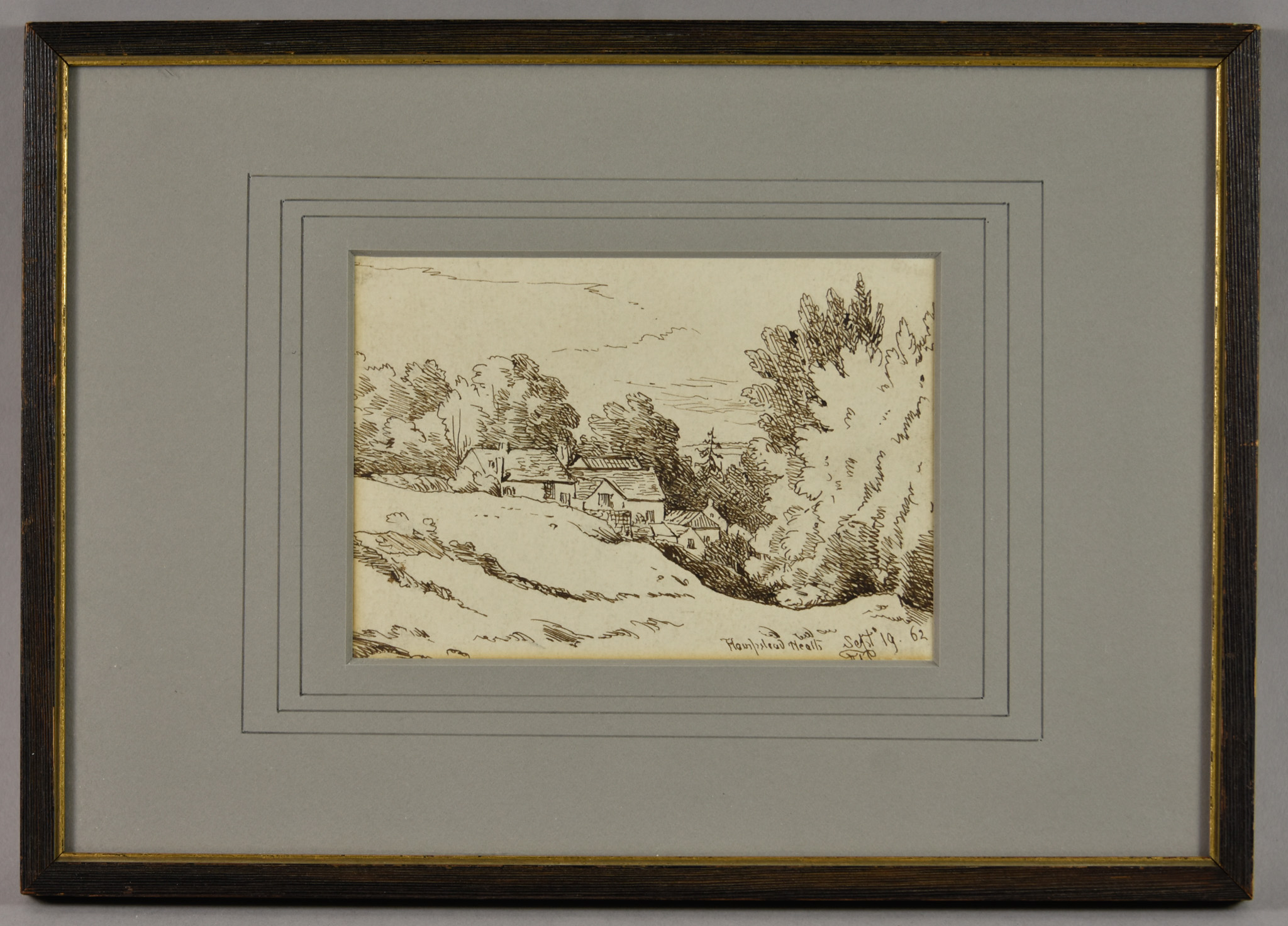 19th Century English School - Pen drawing – “Hampstead Heath”, 3.5ins x 5.25ins, titled, dated, Sept - Image 6 of 6