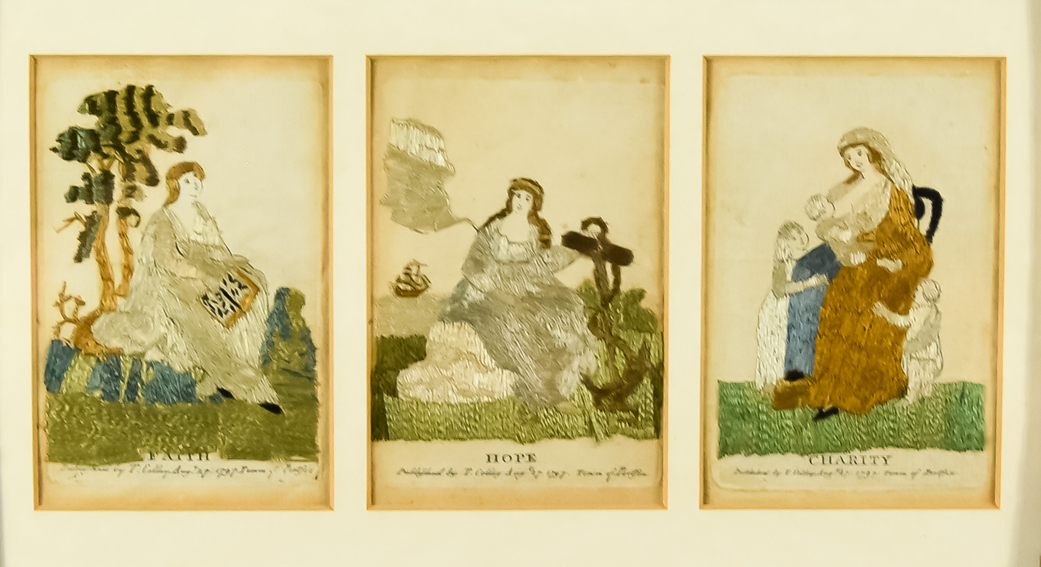 Five Pricked Paper Silk Pictures, Late 18th/Early 19th Century,  comprising - "Faith, Hope and