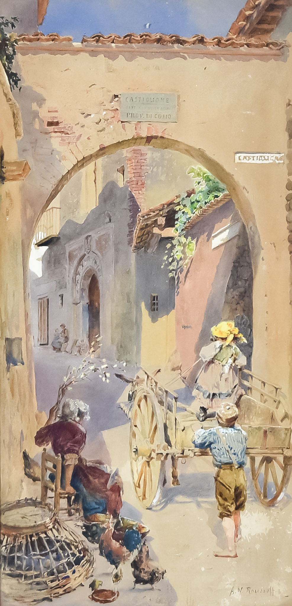 Alexander Nicolaievitch Roussoff (1844-1928) - Watercolour - Italian street scene in Como, signed,