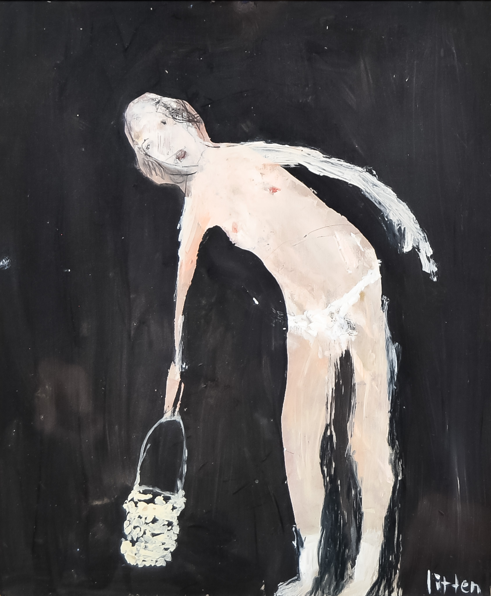 *** Andrew Litten (Born 1970) -  Mixed Media - Standing nude with basket, signed, artist's board,