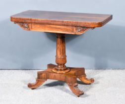 A William IV Rosewood Card Table, with green baize lined folding top, plain frieze flanked by leaf