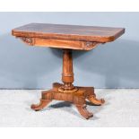 A William IV Rosewood Card Table, with green baize lined folding top, plain frieze flanked by leaf