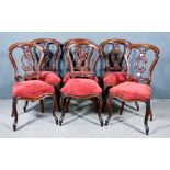 A Set of Six 19th Century Mahogany Dining Chairs, each with moulded curved crest rails, carved and