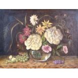 Lidia Bober (20th Century) - Oil painting - Still life with flowers in glass vase, grapes and